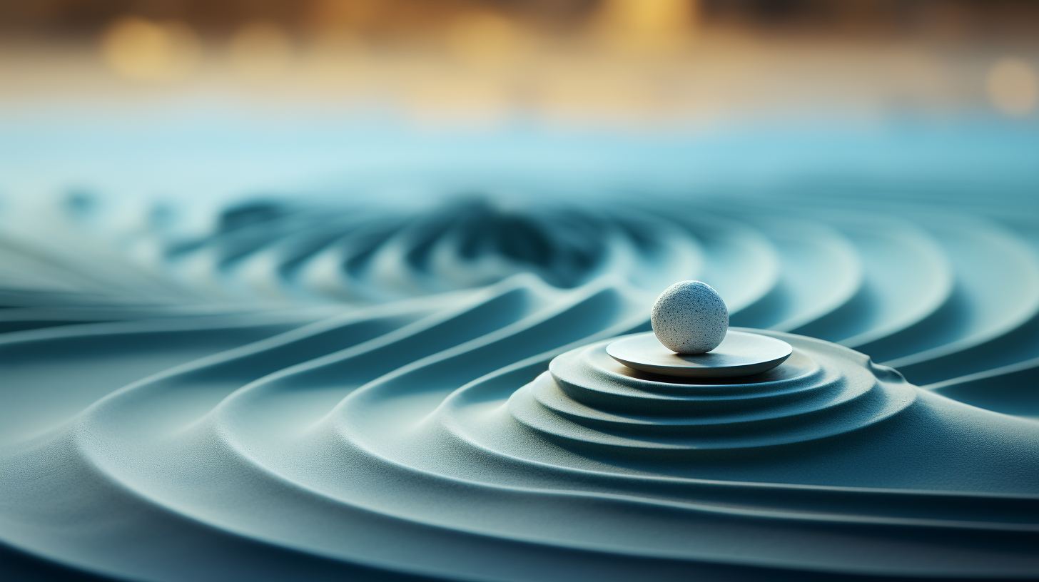 Platzhalter: Zen-Garten, ein Stein, eine Welle. Endmotiv nach Bildsprache: die Scorecard als reales Objekt.