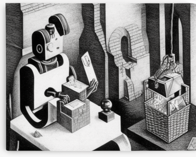 Zeichnung: Roboter wirft automatisch Texte aus